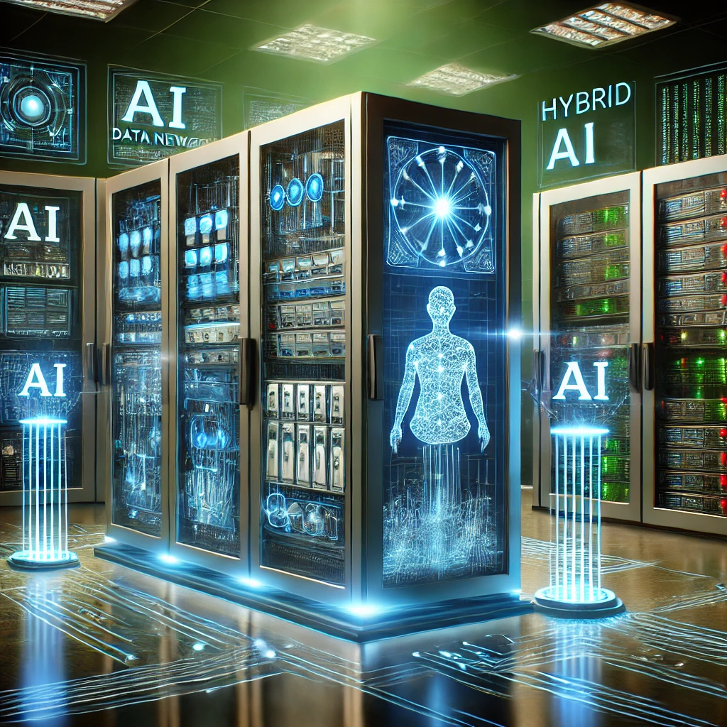 A sleek and modern AI-powered server room illuminated by cool blue and green lighting. The image features a mix of traditional servers and advanced AI hardware, with holographic interfaces displaying AI analytics. Neural connections and data streams represent the efficiency and innovation of hybrid AI processing systems.