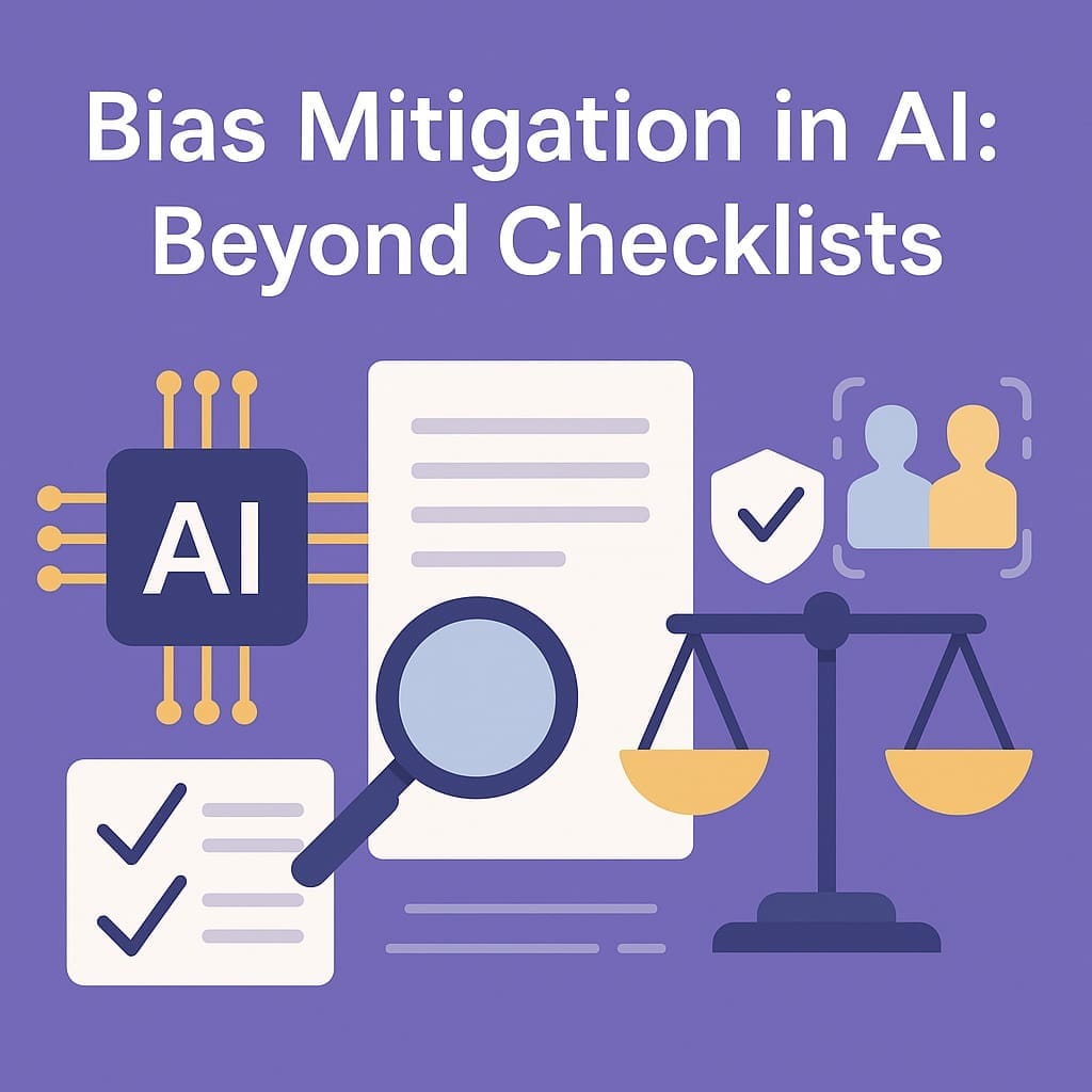 Digital illustration of AI fairness showing microchip, checklist, magnifying glass, and balanced scales, symbolizing bias mitigation beyond checklists.