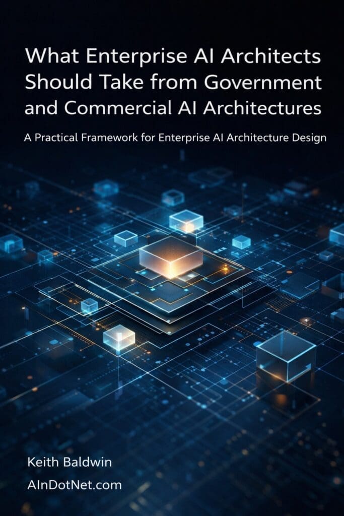 Abstract enterprise systems architecture cover image with dark blue, teal, and steel tones, showing layered digital blocks and connected network lines representing structured, governed enterprise AI architecture.