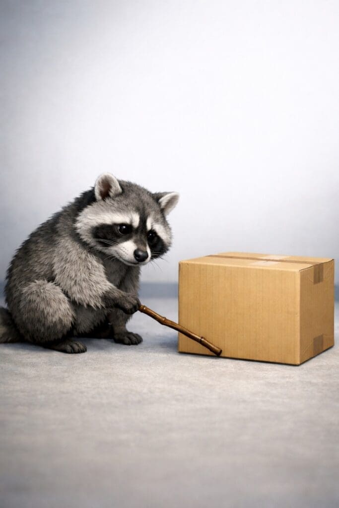 BoxNoLabel AI n Dot Net Plush raccoon toy poking a cardboard box with a small wooden stick on a gray floor