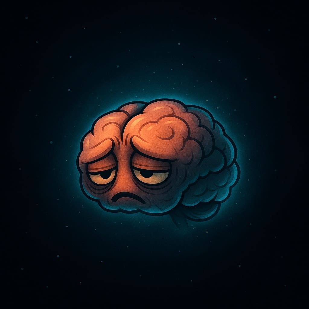 MyBrainWhen AI n Dot Net Cartoon brain with a downturned expression floating in a dark, starry space background