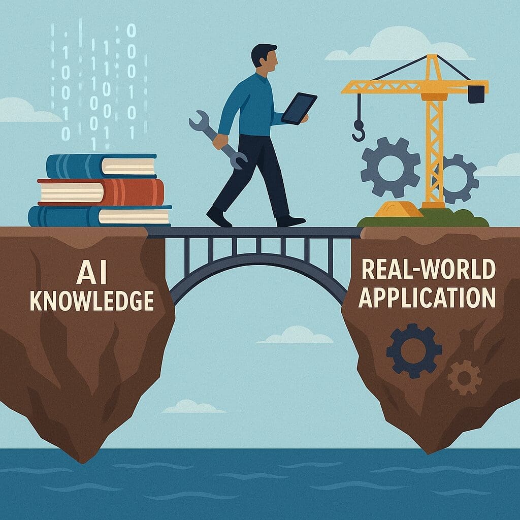 ChatGPT Image May 3 2025 122833 PM AI n Dot Net A man carrying a wrench and tablet walks across a metal bridge linking two floating islands—one marked “AI Knowledge” with books and binary code, the other marked “Real-World Application” with a crane and gears—highlighting the role of human integrators.