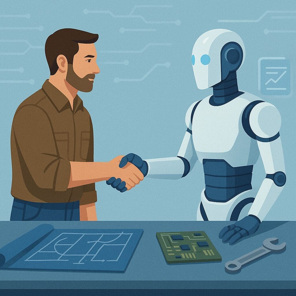 ChatGPT Image May 3 2025 122939 PM AI n Dot Net A rugged human engineer shakes hands with a sleek humanoid robot across a workbench scattered with blueprints, circuit boards, and tools, symbolizing human-AI collaboration and integration.