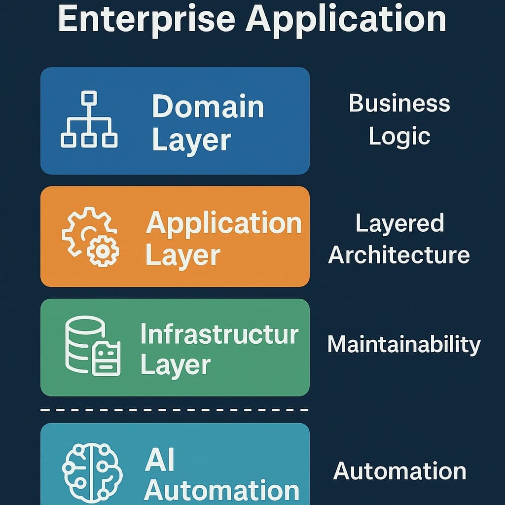 ChatGPT Image Nov 3 2025 111300 AM AI n Dot Net Futuristic digital illustration of a multi-layered .NET software architecture showing database, infrastructure, application, and domain layers with the domain layer glowing as the heart of the system. A professional software architect analyzes the holographic display representing AI-assisted enterprise application design.
